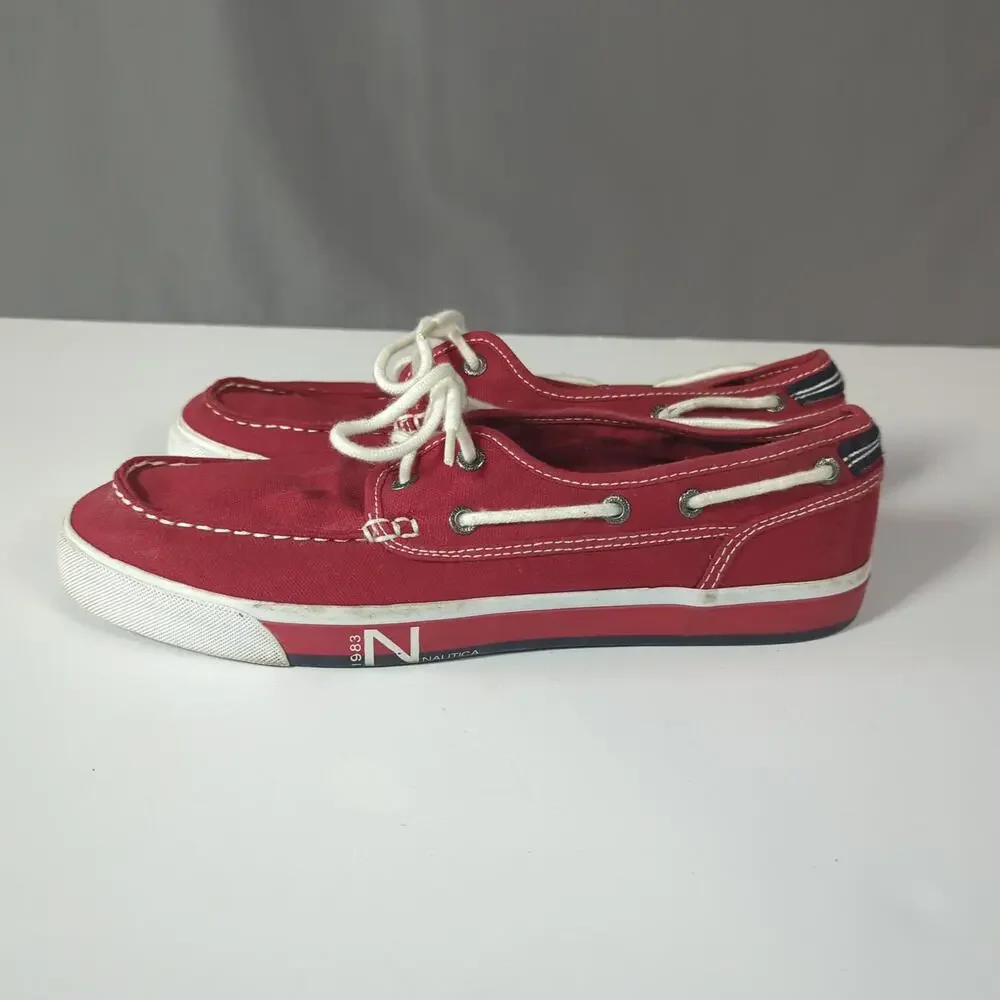 Nautica Red Canvas Boat Shoes Men's 9 Deck Shoes Preppy Coastal Casual